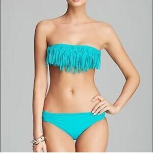 NEW L*SPACE PEACOCK KNOTTED BANDEAU FRINGE BIKINI SET top XS bottom L